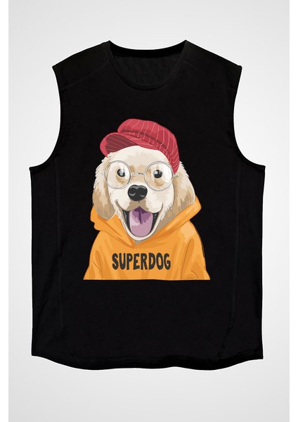 Süper Köpek Golden Retriever Siyah Unisex Kolsuz Kesik Kol T-Shirt