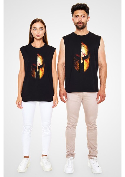 Spartalı Siyah Unisex Kolsuz Tişört Kesik Kol T-Shirt