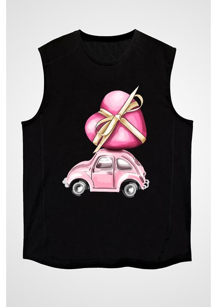 Pembe Tospik Siyah Unisex Kolsuz Kesik Kol T-Shirt