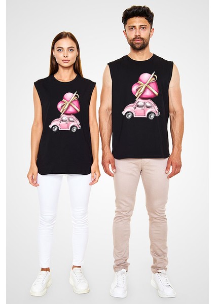 Pembe Tospik Siyah Unisex Kolsuz Kesik Kol T-Shirt fiyatları