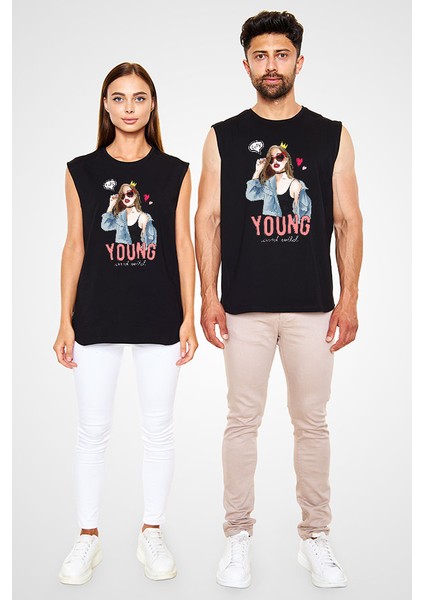 Sevimli Genç ve Vahşi Trend Siyah Unisex Kolsuz Tişört Kesik Kol T-Shirt