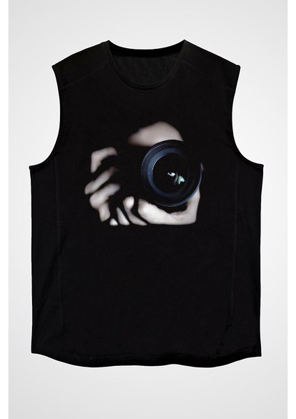 Fotoğrafçı Siyah Unisex Kolsuz Kesik Kol T-Shirt