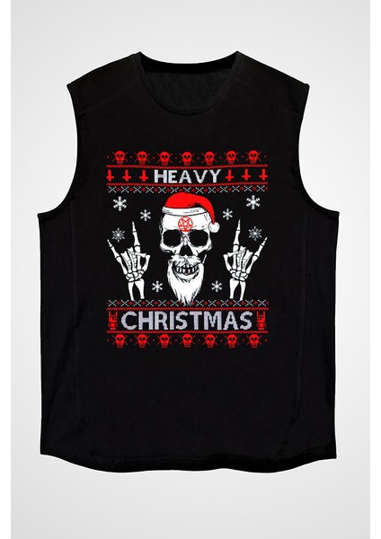 Heavy Metal Noel Baba Yılbaşı Siyah Unisex Kolsuz Kesik Kol T-Shirt