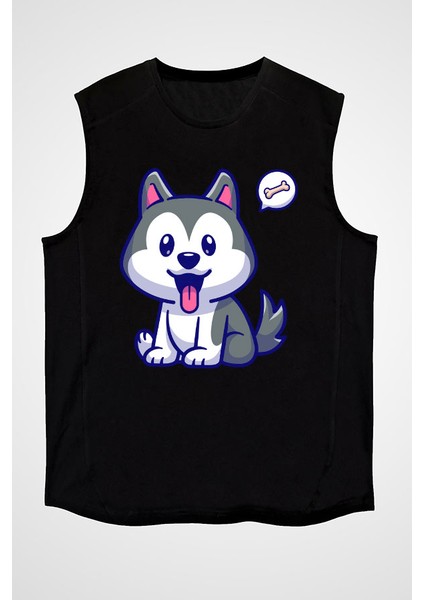 Yavru Şirin Sibirya Kurdu Husky Haski Siyah Unisex Kolsuz Tişört Kesik Kol T-Shirt fiyatları