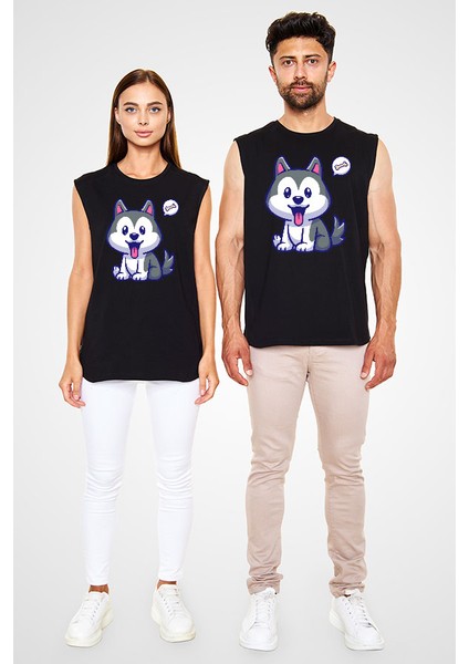 Yavru Şirin Sibirya Kurdu Husky Haski Siyah Unisex Kolsuz Tişört Kesik Kol T-Shirt