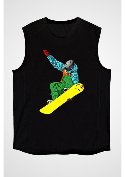 Snowboarding Siyah Unisex Kolsuz Kesik Kol T-Shirt