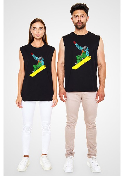 Snowboarding Siyah Unisex Kolsuz Kesik Kol T-Shirt fiyatları