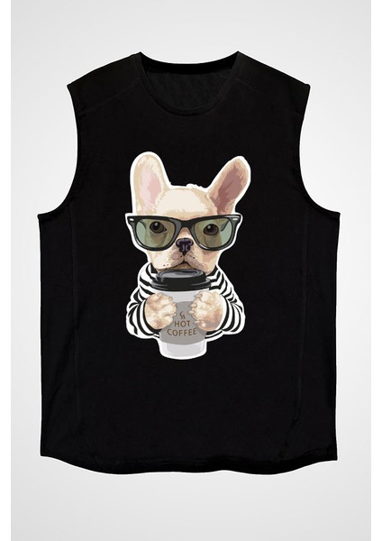 Kahve Tiryakisi Bulldog Siyah Unisex Kolsuz Kesik Kol T-Shirt