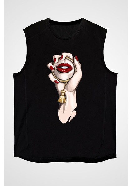 El Aynası ve Makyaj Fashion Siyah Unisex Kolsuz Kesik Kol T-Shirt