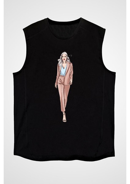Iş Kadını Tarzı Siyah Unisex Kolsuz Kesik Kol T-Shirt