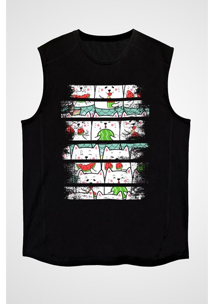 Karpuz Yiyen Kedicikler Siyah Unisex Kolsuz Kesik Kol T-Shirt