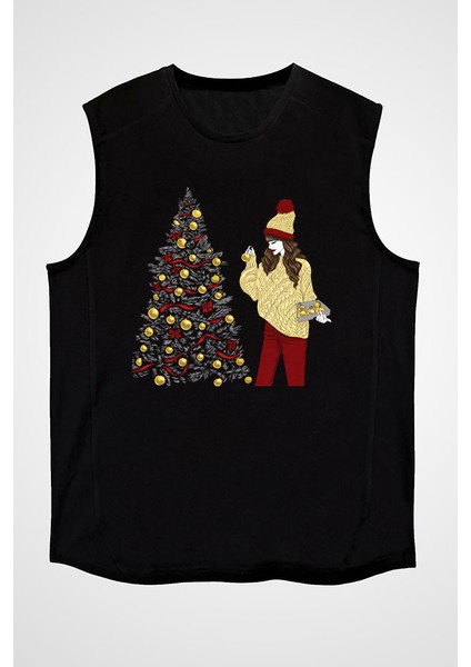 Fashion Girl Noel Christmas Siyah Unisex Kolsuz Tişört Kesik Kol T-Shirt fiyatları