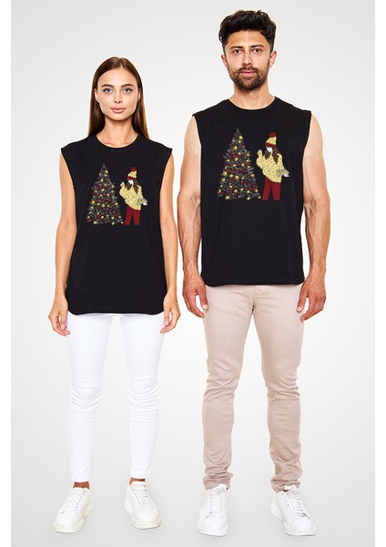 Fashion Girl Noel Christmas Siyah Unisex Kolsuz Tişört Kesik Kol T-Shirt