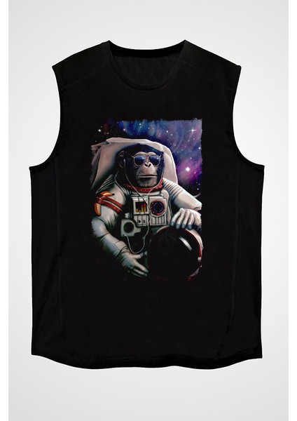Astronot Maymun Siyah Unisex Kolsuz Kesik Kol T-Shirt
