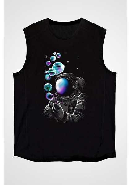 Astronot ve Baloncuklar Siyah Unisex Kolsuz Kesik Kol T-Shirt