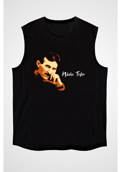 Nikola Tesla Portre Siyah Unisex Kolsuz Tişört Kesik Kol T-Shirt fiyatları