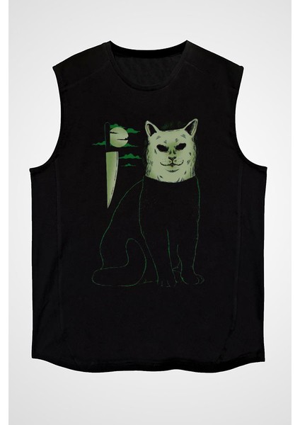 Katil Kedi Siyah Unisex Kolsuz Kesik Kol T-Shirt