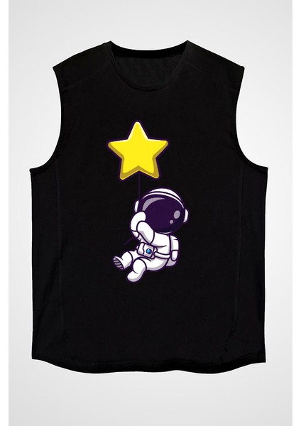 Yıldız Tutan Şirin Astronot Siyah Unisex Kolsuz Kesik Kol T-Shirt