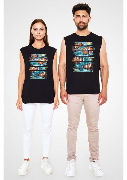 Palyaço Nemo Balığı Siyah Unisex Kolsuz Kesik Kol T-Shirt fiyatları
