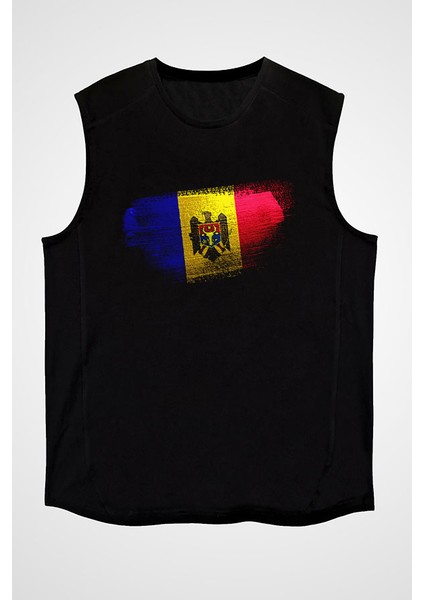 Moldova Siyah Unisex Kolsuz Kesik Kol T-Shirt