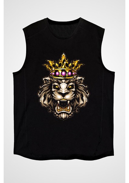 Kral Taçlı Aslan Siyah Unisex Kolsuz Tişört Kesik Kol T-Shirt fiyatları