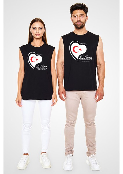 23 Nisan Ulusal Egemenlik ve Çocuk Bayramı Siyah Unisex Kolsuz Tişört Kesik Kol T-Shirt