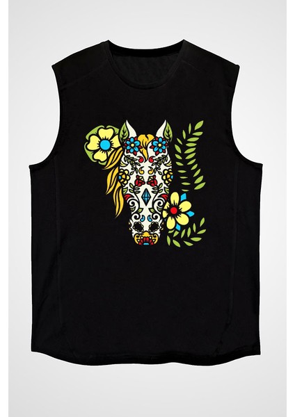 Renkli Tasarım At Siyah Unisex Kolsuz Tişört Kesik Kol T-Shirt fiyatları