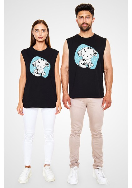 Tatlı Dalmaçyalı Siyah Unisex Kolsuz Tişört Kesik Kol T-Shirt