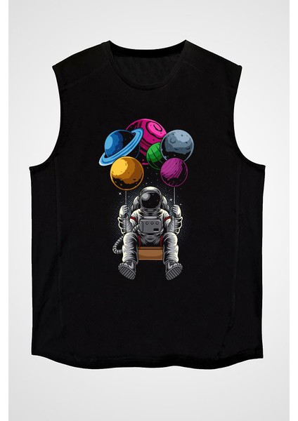 Gezegenlerde Sallanan Astronot Siyah Unisex Kolsuz Kesik Kol T-Shirt