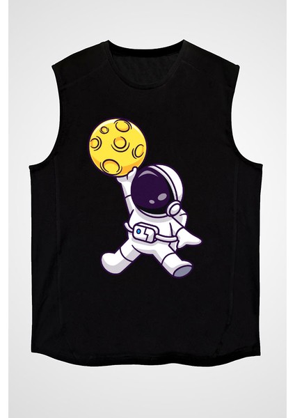 Sevimli Basketbolcu Astronot Siyah Unisex Kolsuz Kesik Kol T-Shirt