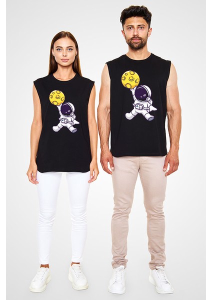 Sevimli Basketbolcu Astronot Siyah Unisex Kolsuz Kesik Kol T-Shirt fiyatları