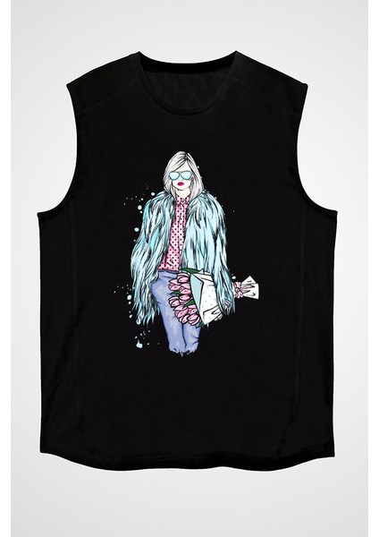 Mavi Kürk Fashion Siyah Unisex Kolsuz Kesik Kol T-Shirt