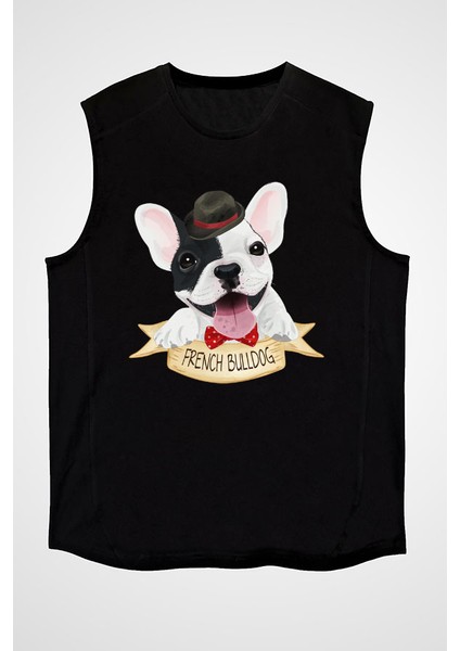 Sevimli French Bulldog Siyah Unisex Kolsuz Tişört Kesik Kol T-Shirt fiyatları