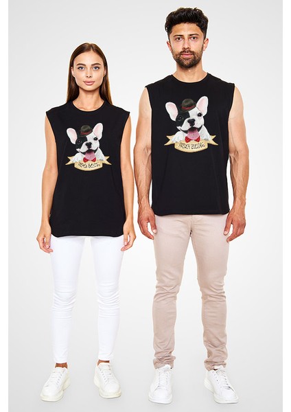 Sevimli French Bulldog Siyah Unisex Kolsuz Tişört Kesik Kol T-Shirt