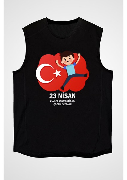23 Nisan Ulusal Egemenlik ve Çocuk Bayramı Siyah Unisex Kolsuz Kesik Kol T-Shirt