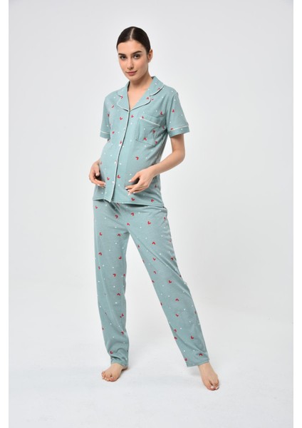 Penye Önden Düğmeli Hamile Lohusa Kısa Kol Pijama Takımı ,%100 Cotton modelleri