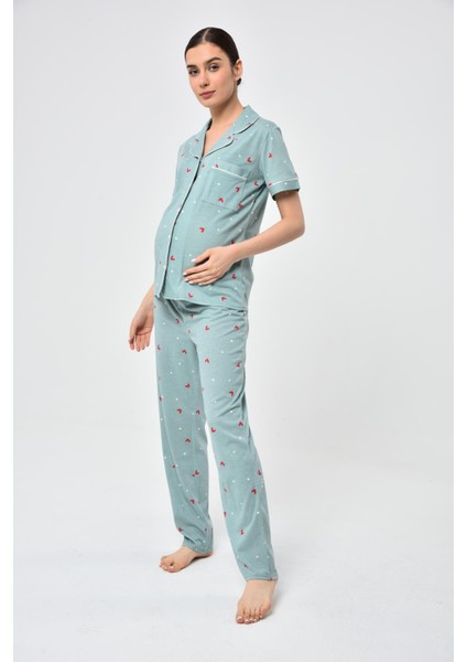 Penye Önden Düğmeli Hamile Lohusa Kısa Kol Pijama Takımı ,%100 Cotton fırsatları