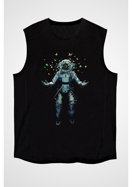 Astronot ve Kelebekler Siyah Unisex Kolsuz Kesik Kol T-Shirt