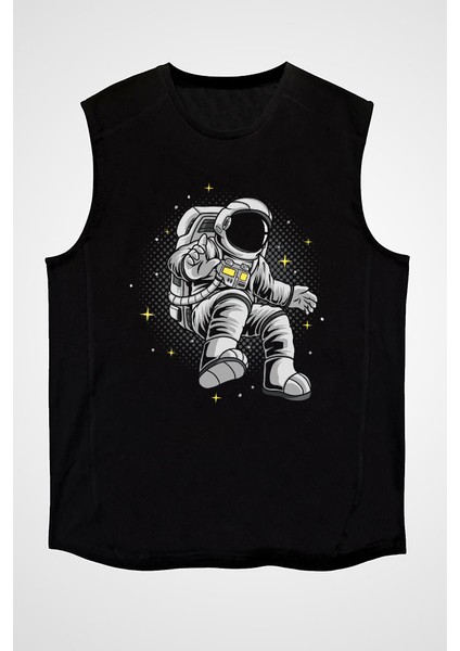 Uçan Astronot Siyah Unisex Kolsuz Kesik Kol T-Shirt