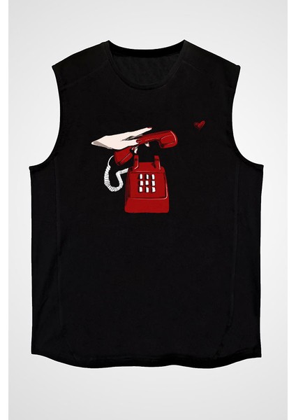 Kırmızı Telefon Siyah Unisex Kolsuz Tişört Kesik Kol T-Shirt fiyatları