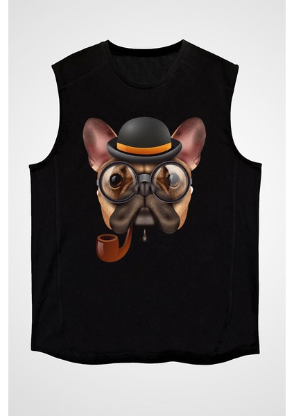 Hipster Filozof Pug Siyah Unisex Kolsuz Kesik Kol T-Shirt