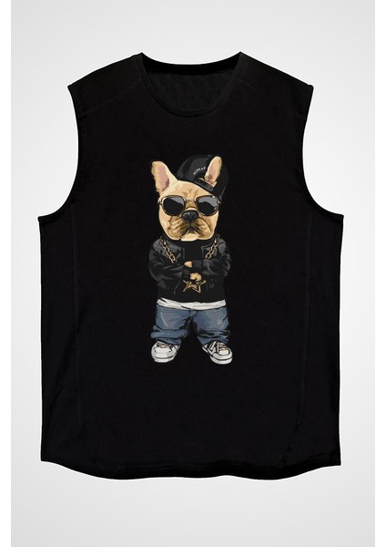 Rap Hip Hop Buldog Siyah Unisex Kolsuz Kesik Kol T-Shirt
