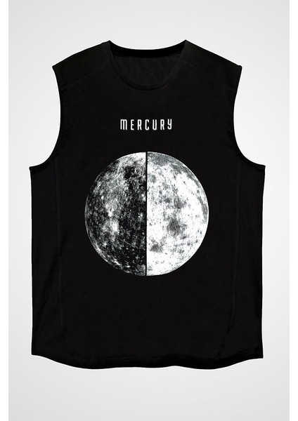 Merkür Siyah Unisex Kolsuz Kesik Kol T-Shirt