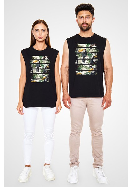 Tropikal Papağan Siyah Unisex Kolsuz Kesik Kol T-Shirt fiyatları