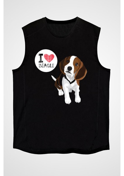 Beagle Seviyorum Siyah Unisex Kolsuz Kesik Kol T-Shirt