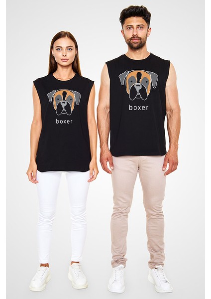 Boxer Köpek Siyah Unisex Kolsuz Tişört Kesik Kol T-Shirt