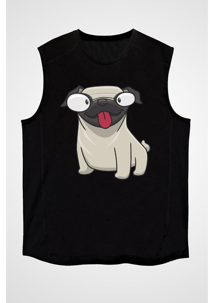Dil Çıkaran Pug Siyah Unisex Kolsuz Kesik Kol T-Shirt