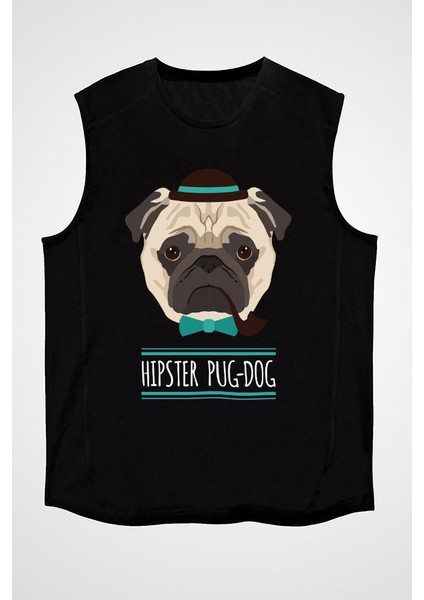 Hipster Pug Siyah Unisex Kolsuz Tişört Kesik Kol T-Shirt