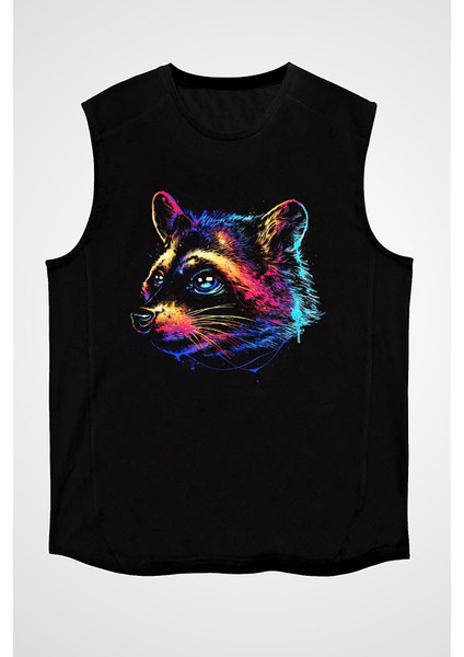 Renkli Rakun Siyah Unisex Kolsuz Tişört Kesik Kol T-Shirt fiyatları