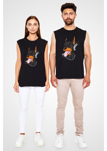 Siyah Doberman Siyah Unisex Kolsuz Tişört Kesik Kol T-Shirt